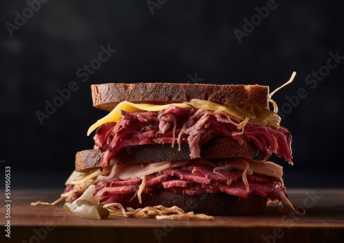 Reuben sandwich with a stack of pastrami and Swiss cheese on toasted rye bread