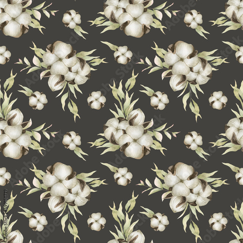 Cotton flowers. Dried flowers. Seamless pattern on dark background. Watercolor floral illustrations. For wedding invitations  greetings  wallpapers  postcards  fabric