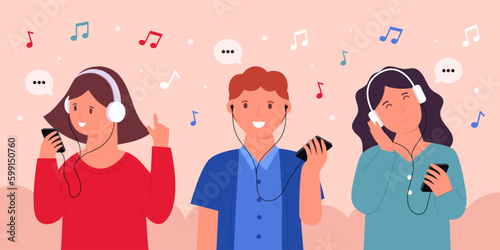 People listening to music with earphone and headphone concept