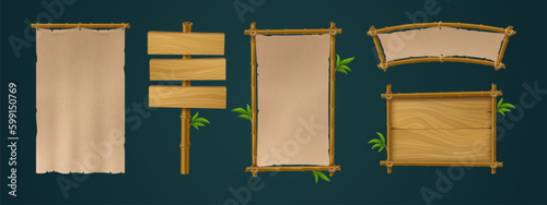 Sign boards from bamboo frames, wooden planks and paper. Game menu banners of wood signboards with hanging blank papyrus and panels on post, vector cartoon set