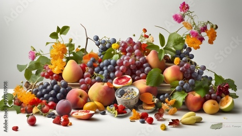 The composition of products on the table in a beautifully laid out form where there are grapes apples peaches strawberries