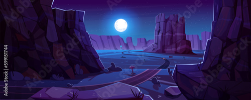 Cartoon highway running through night canyon. Vector illustration of dark rocky landscape with stones, cacti, desert road, singboards indicating direction, full moon glowing in starry midnight sky
