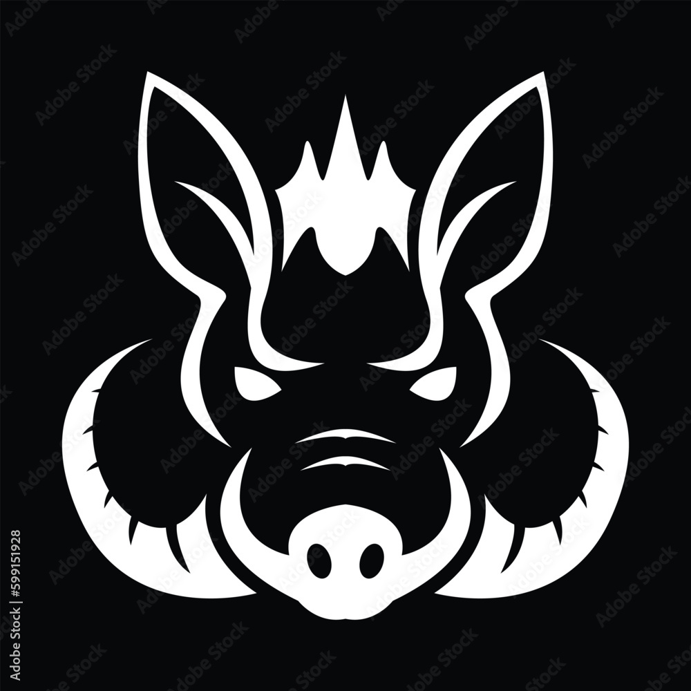 Mascot. Vector head of boar. White illustration of danger wild pig isolated on black background. Mascot. Vector head of boar. White illustration of danger wild pig isolated on black background.
