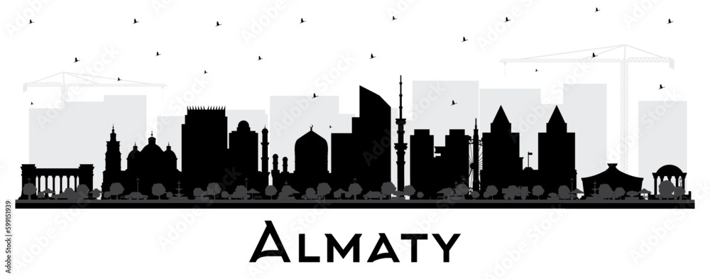 Almaty Kazakhstan City Skyline Silhouette with Black Buildings Isolated on White. Vector Illustration. Almaty Cityscape with Landmarks.