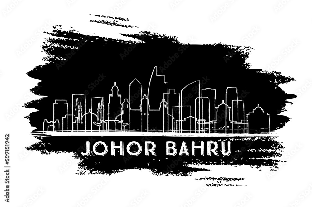 Johor Bahru Malaysia City Skyline Silhouette. Hand Drawn Sketch. Johor Bahru Cityscape with Landmarks.