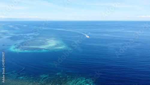 Scenic aerial view of coral reef ecosystem in vast deep blue water of Coral Triangle in Timor-Leste  Southeast Asia