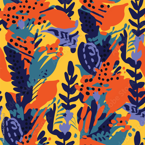 Seamless pattern with exotic plants and leaves. Vector illustration.