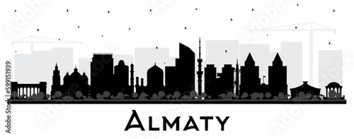 Almaty Kazakhstan City Skyline Silhouette with Black Buildings Isolated on White. Vector Illustration. Almaty Cityscape with Landmarks.