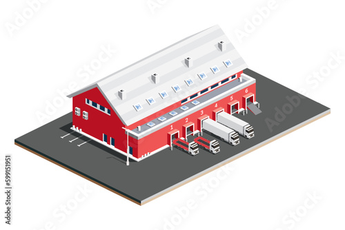 Isometric Distribution Logistic Center. Warehouse Storage Facilities with Trucks Isolated on White Background.