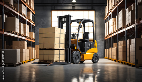 Forklift is loading pallet with boxes to shelves in modern warehouse. Generative AI