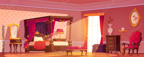 Cartoon royal bedroom interior with vintage furniture. Vector illustration of luxury room furnished with victorian style bed, armchair, wooden table and drawer, mirror in golden frame. Rich home