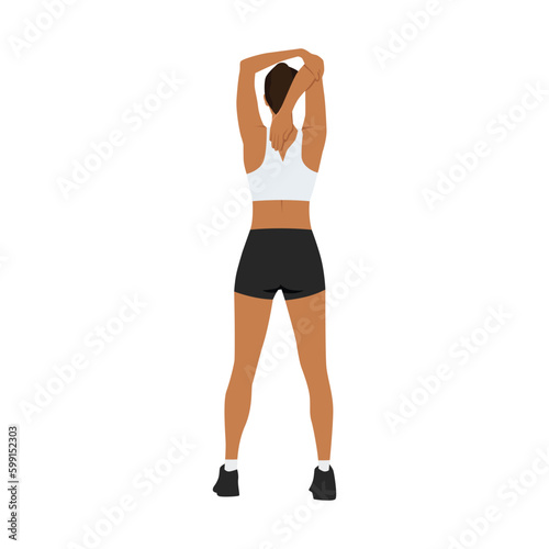 Woman doing Overhead triceps stretch exercise. Flat vector illustration isolated on white background