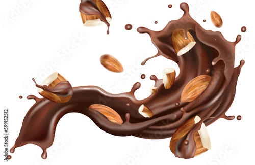 Chocolate liquid and Chocolate bar splashing in the middle isolated on white background, Vector realistic in 3d illustration. Food concepts.