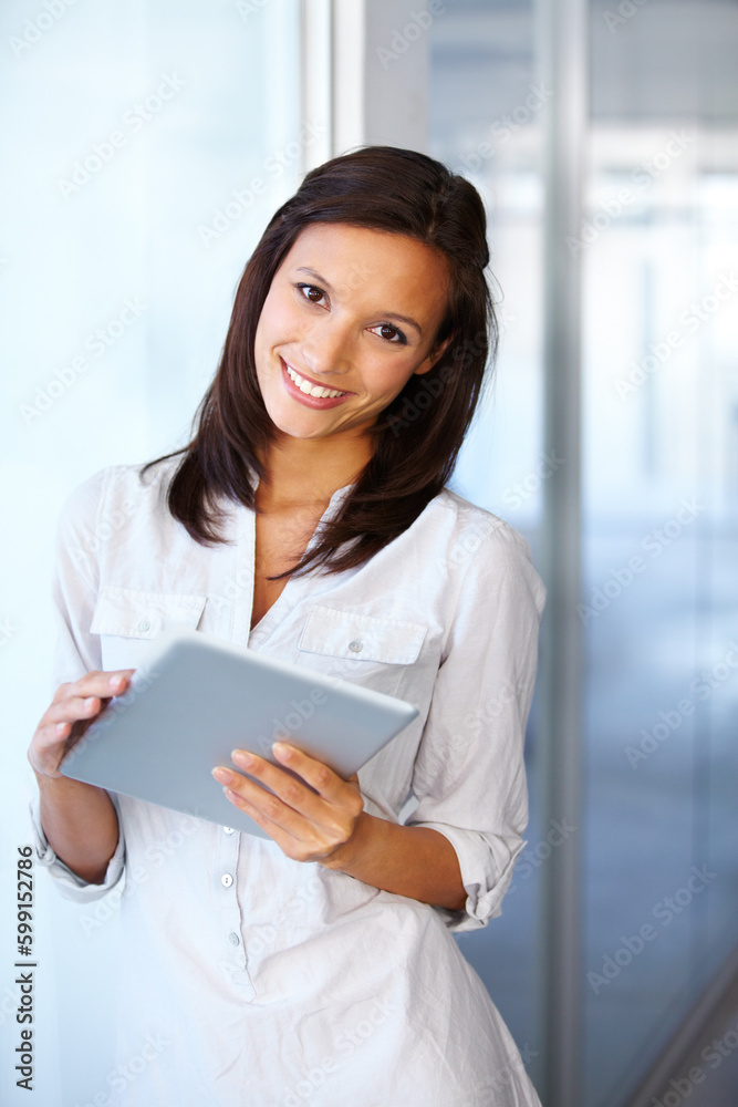 Portrait, digital tablet and happy business woman in office for planning, management and project. Face, smile and confident female manager online for schedule, marketing or advertising research Portrait, digital tablet and happy business woman in office for planning, management and project. Face, smile and confident female manager online for schedule, marketing or advertising research