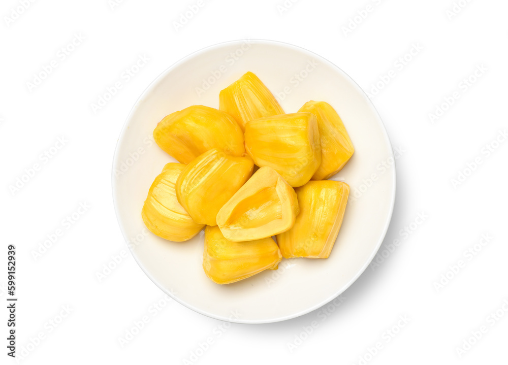 Top view of jackfruit pulp in white plate isolated on white background. Clipping path.
