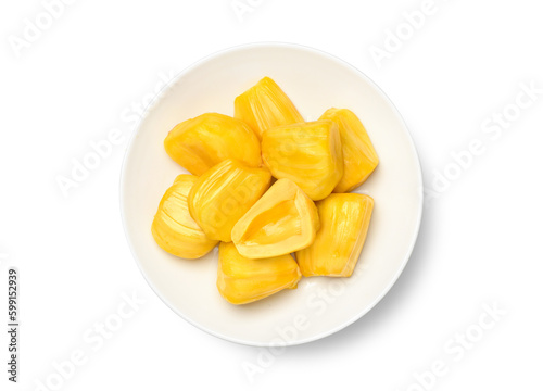 Top view of jackfruit pulp in white plate isolated on white background. Clipping path.