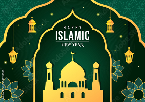 Happy Muharram Islamic New Year Vector Illustration with Muslims Celebration in Flat Cartoon Hand Drawn Landing Page Background Templates