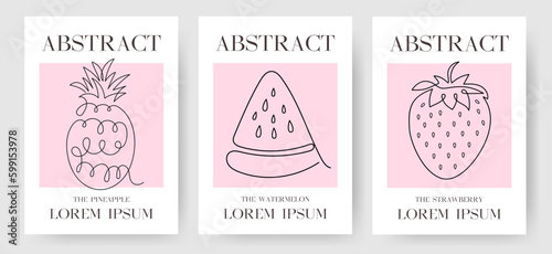 Minimalist vertical Abstract Posters Print with tropical fruits and berries. One Continuous Line Art design Pineapple, Watermelon, Strawberry. Vector set of illustration