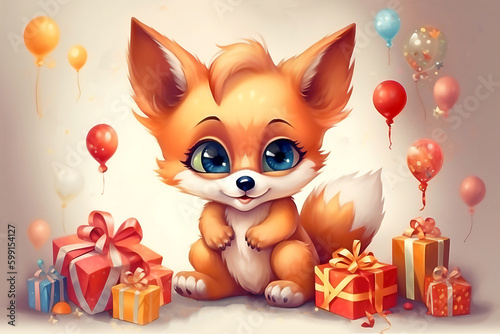 Happy Birthday. Cute fox with balloon. Illustration. Post processed AI generated image