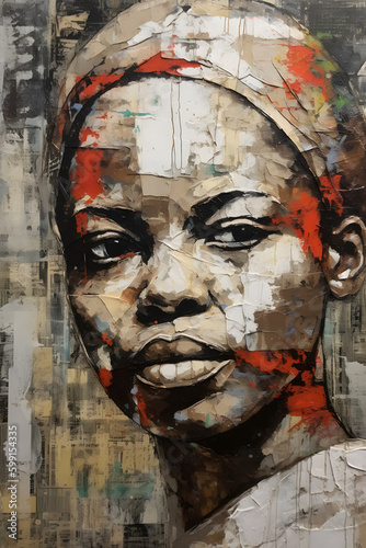 Abstract painting concept. Colorful art style portrait of african woman in torn paper collage background. Generative AI.