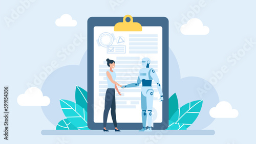 Handshake between woman and robot on background of document. Woman shaking hands with robot. Cyber human friendship. Agreement between a businesswoman and Artificial Intelligence. Vector illustration