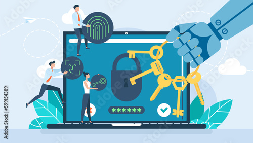 The robot holds the keys in his hand. Data protection on PC. Protect your personal data on your laptop. Protection of AI. Lock your data with your fingerprint, face scan. Vector illustration