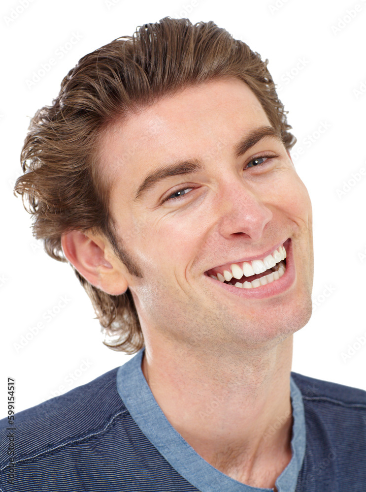 Confidence, portrait and male model in a studio with a positive, confident and good mindset. Funny, smile and headshot face of a handsome, young and casual man laughing isolated by a white background Confidence, portrait and male model in a studio with a positive, confident and good mindset. Funny, smile and headshot face of a handsome, young and casual man laughing isolated by a white background