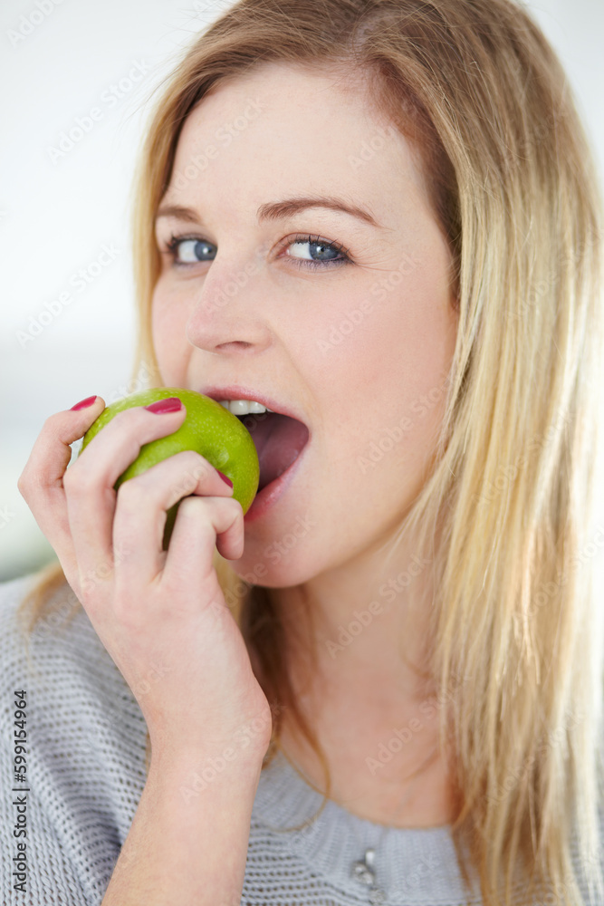 Health, apple and portrait of woman with fruit for healthy eating, meal and vegan snack at home. Food, nutrition and happy female person bite apples for diet, wellness and detox on white background Health, apple and portrait of woman with fruit for healthy eating, meal and vegan snack at home. Food, nutrition and happy female person bite apples for diet, wellness and detox on white background