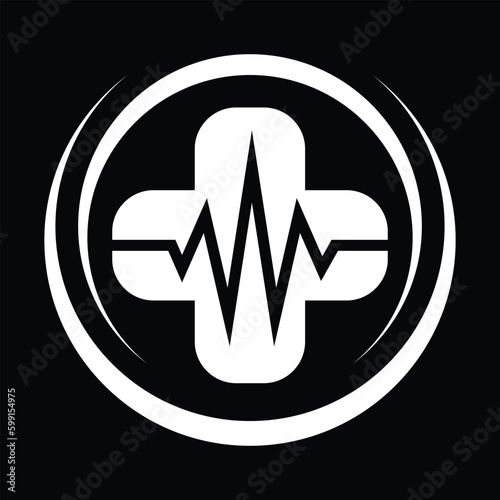 Heartbeat line with cross shape. Pulse in plus. Cardio rate. Healthcare design icon. First aid X sign. Life rescue. Medical vector illustration.