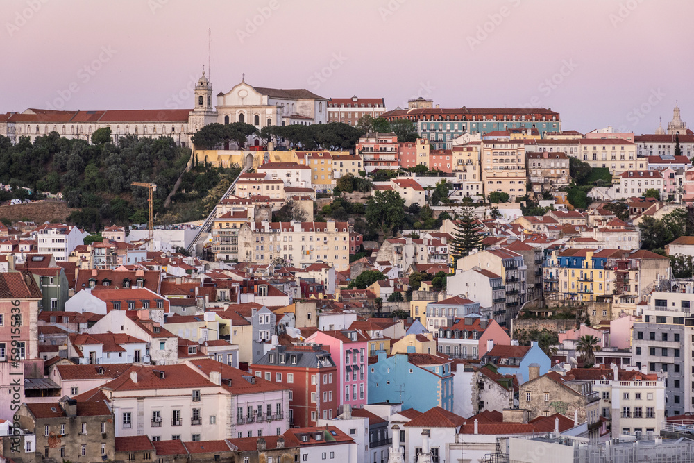 Beautiful view to old historic buildings and houses in central Lisbon