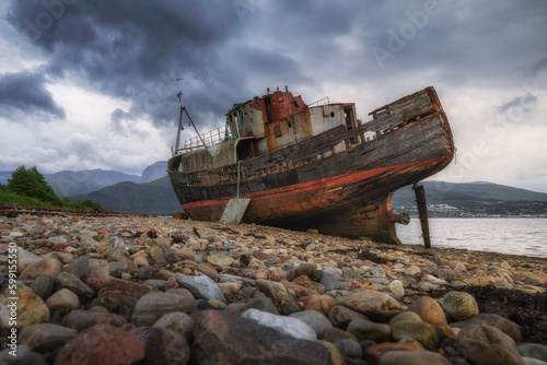 The eerie Corpach shipwreck with great Ben Nevis, Scotland.