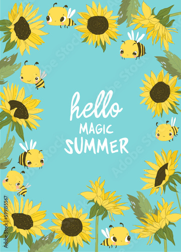 Cute Cartoon Frame with Sunflowers and Bees
