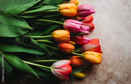 Fotografie Overhead view of colorful bunch of cut tulip flowers on beige surface