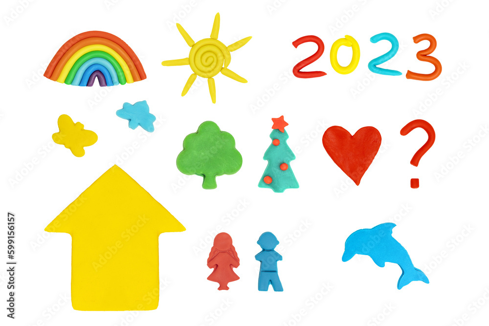 Numbers 2023 made out of play dough, plasticine isolated on white background. Holiday Art Activity for Kids. New Year 2023. Merry christmas concept Numbers 2023 made out of play dough, plasticine isolated on white background. Holiday Art Activity for Kids. New Year 2023. Merry christmas concept