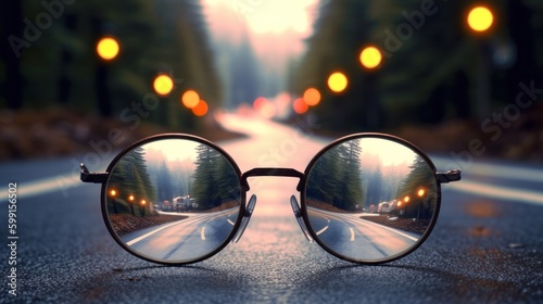 Glasses place in the middle of the road, with blur background. Generative AI. © Pro Hi-Res