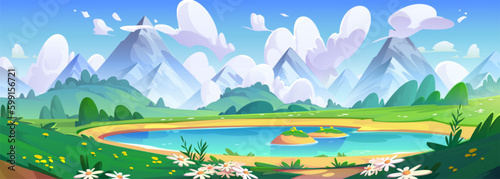 Lake and spring flower field mountain vector landscape. Cartoon nature scene with cloud, green grass and water. Cute picturesque outdoor alps environment with meadow and hill in park on sunny weather.