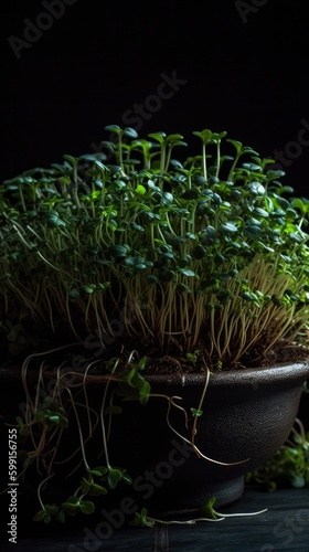 Vibrant Sprouts - Growing Microgreens Against a Bold Black Backdrop. Generative AI