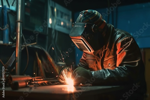 Welder in a welding mask. Generative AI