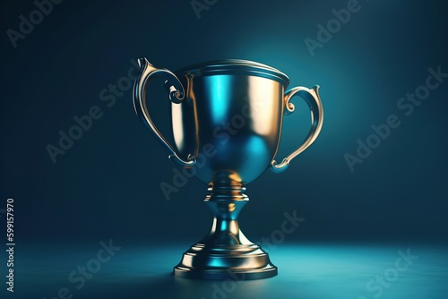 Metal cup of the winner on a blue background. Championship. Generative AI