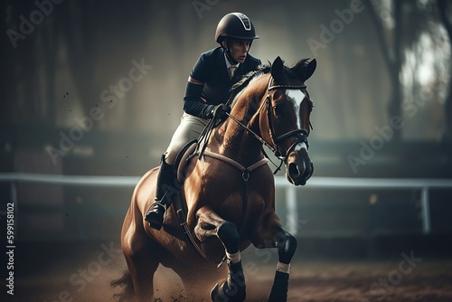 The racehorse overcomes obstacles. Generative AI © marikova