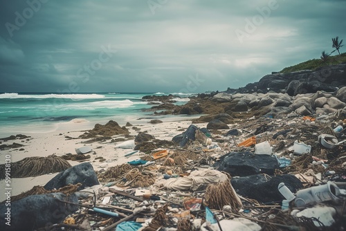 Rubbish on the beach. Plastic pollution of the Earth. Generative AI