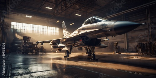 Military fighter in the hangar. Generative AI