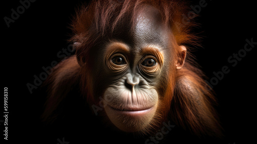 Baby Orangutan, minimalistic background. Generative AI