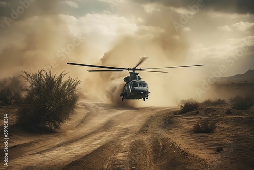 Helicopter landing on a sandy road. Generative AI