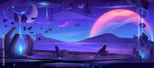 Cartoon alien planet landscape with neon blue crystals. Vector illustration of space adventure game background with cracked surface, rocky stones, meteorites and asteroids flying in starry night sky