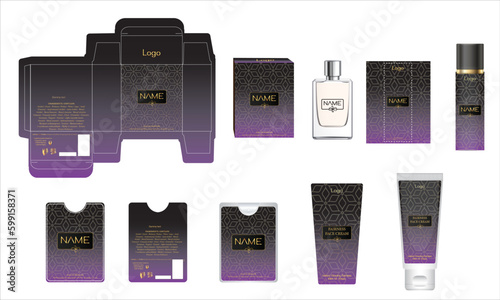 Packaging design, luxury perfume box, pocket perfume, deo design and face cream template and mock up box. Illustration vector.