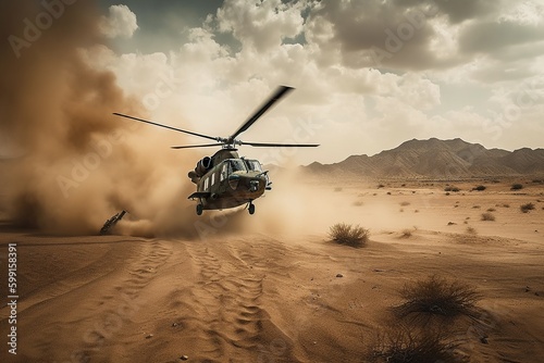 Landing helicopter in the desert. Generative AI