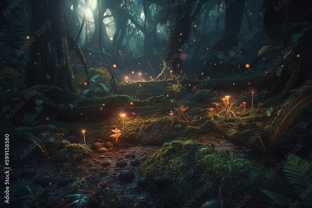 Night fairy forest with fireflies. Generative AI