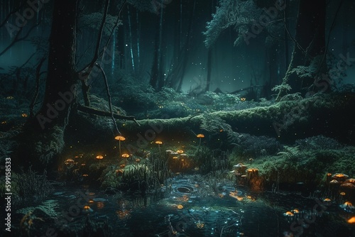 Night fairy forest. Generative AI
