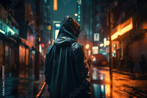 A hooded guy walks through an empty, rainy cyberpunk city. Generative AI